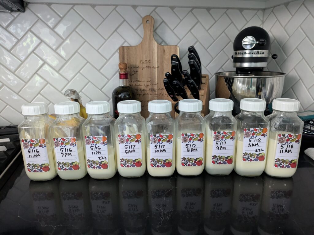 9 bottles of pumped milk in a row
